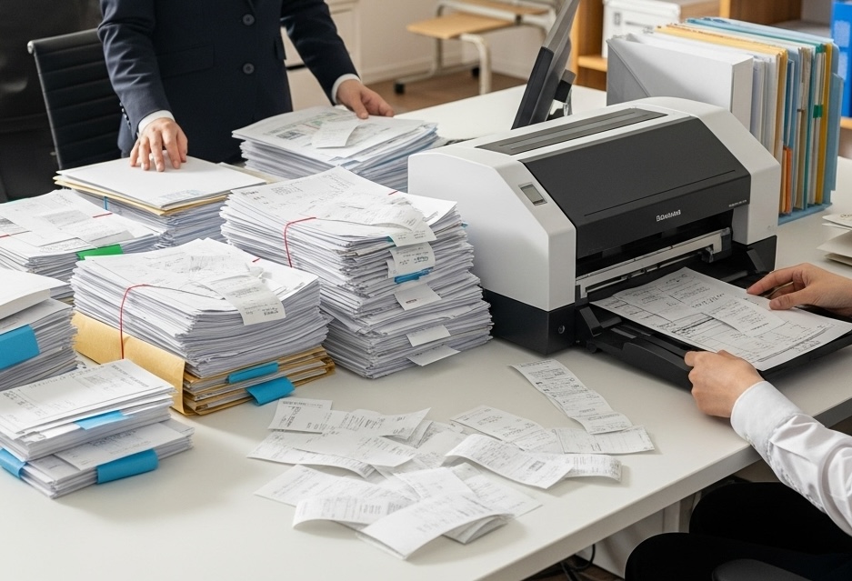 大量のレシートを整理する様子